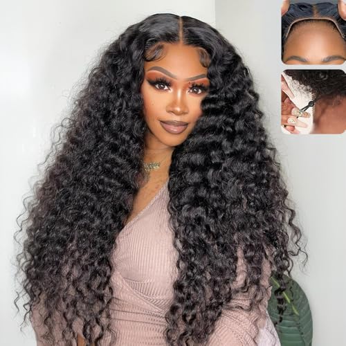 QUANDIAN Wear and Go Glueless Wigs Human Hair Pre Plucked Pre Cut 7x5 HD Lace 210% Density Deep Wave Lace Front Wigs Human Hair 26 Inch No Glue with Drawstring Curly Lace Front Wig for Women