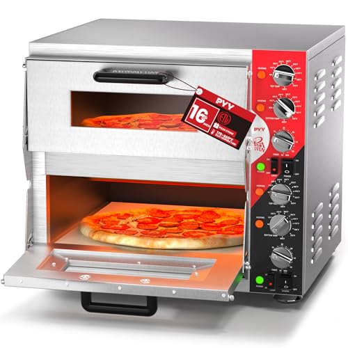 PYY 16" Indoor Electric Double Decker Pizza Oven w/Pizza Stone for Restaurant Home,Countertop Pizza Oven with 60-min Ring Timer, Commercial Pizza Oven with 4 Large Heat Tube, 3200W, ETL listed,Grey