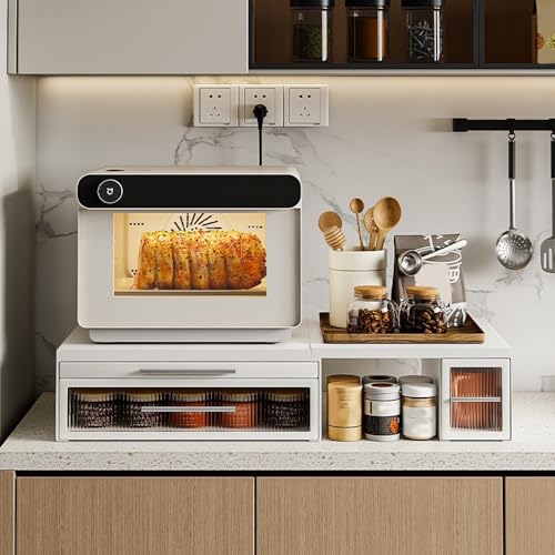 2-Tier Microwave Stand with Pull-Out Shelf, Metal Coffee Station with Drawer, Countertop Kitchen Storage Rack for Microwave, Coffee Maker and Small Appliances