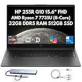 HP 255R G10 Business Laptop 2026, 15.6" FHD, AMD Ryzen 7 7735U 8-Core (Beats i7-1355U), 32GB DDR5 RAM, 512GB PCIe SSD, Webcam, Wi-Fi 6, HDMI, Numeric Keypad, Docking Station, Copilot Windows 11 Pro