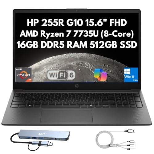 HP 255R G10 Business Laptop 2026, 15.6" FHD, AMD Ryzen 7 7735U 8-Core (Beats i7-1355U), 16GB DDR5 RAM, 512GB PCIe SSD, Webcam, Wi-Fi 6, HDMI, Numeric Keypad, Docking Station, Copilot Windows 11 Pro