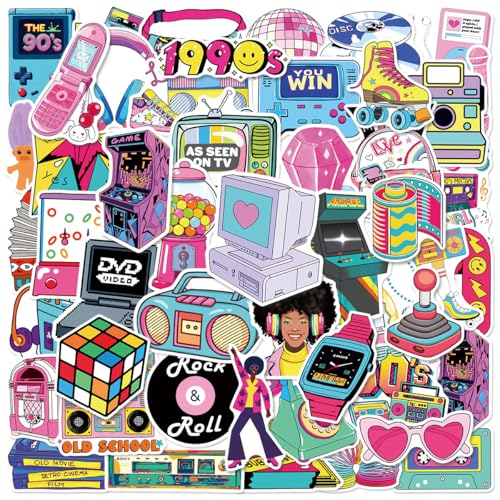 50PCS 80s 90s Stickers, Waterproof Vinyl Retro Nostalgic Decals for Skateboard, Laptop, Phone Case, Luggage - Classic Old School Decor for Teens, Adults, Boys, Girls(8090)