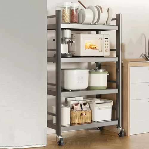 Microwave Oven Rack,Adjustable Microwave Oven Rack with 4 Rolling Casters - Metal Kitchen Storage Shelf for Dishes, Pots, Pans & Appliances - Space-Saving Solution for Small Kitchens