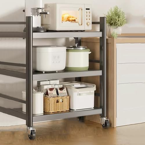 Microwave Oven Rack,Adjustable Microwave Oven Rack with 4 Rolling Casters - Sturdy Metal Kitchen Storage Shelf for Dishes, Pots, Pans & Small Appliances - Space-Saving Organizer