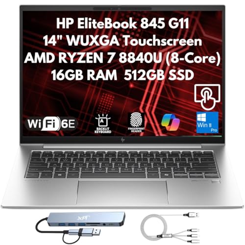 HP EliteBook 845 G11 AI-Ready Business Laptop 2026, 14" WUXGA Touchscreen, 8-Core AMD Ryzen 7 8840U, 16GB DDR5 RAM, 512GB SSD Gen 4 SSD, Fingerprint Reader, Wi-Fi 6E, IR Cam, Copilot Windows 11 Pro