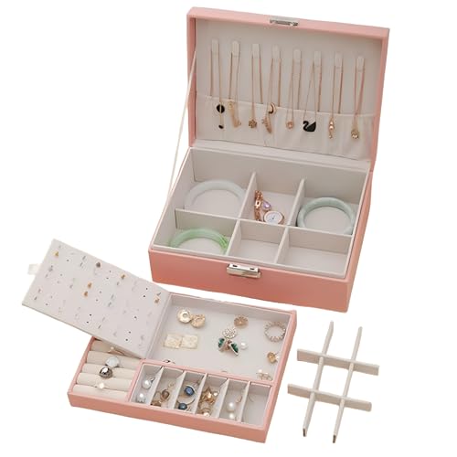 NOSCOMP Faux Leather Jewellery Organizer Box with Dividers – Portable Travel Storage Case for Necklaces, Earrings, Rings & Bracelets (Pink)