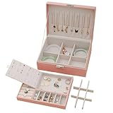 NOSCOMP Faux Leather Jewellery Organizer Box with Dividers – Portable Travel Storage Case for Necklaces, Earrings, Rings & Bracelets (Pink)