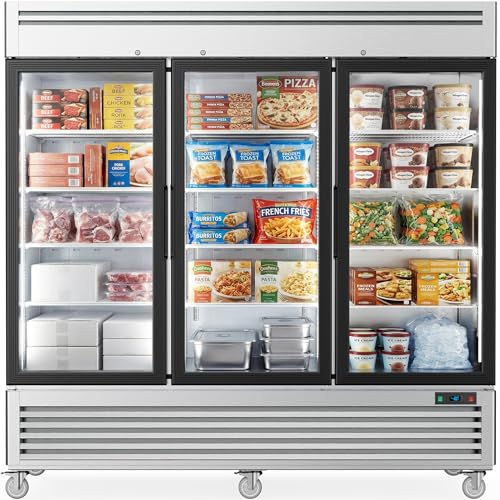 Coolake 82" Commercial Freezer 3 Glass Doors, 72 Cu.ft Stainless Steel Reach-in Merchandiser Display Freezer with LED Light, -8 to 0℉ Fan Cooling Upright Freezer for Restaurant Kitchen Garage Store