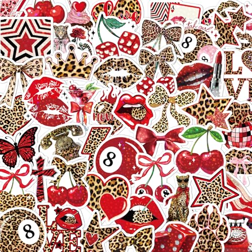 Vemfare Cheetah Print Cherry Stickers - 100 Pcs Leopard Aesthetic Water Bottle Stickers, Waterproof Scrapbook Sticker, Vinyl Decals for Laptop Journal