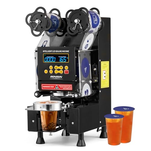 ROVSUN Cup Sealing Machine, Full Automatic Cup Sealer Machine 88/89/90/95mm, Electric Cup Sealing Machine 500-600 Cups/H, Bubble Tea Machine with Digital Control LCD Panel for Bubble Milk, Black