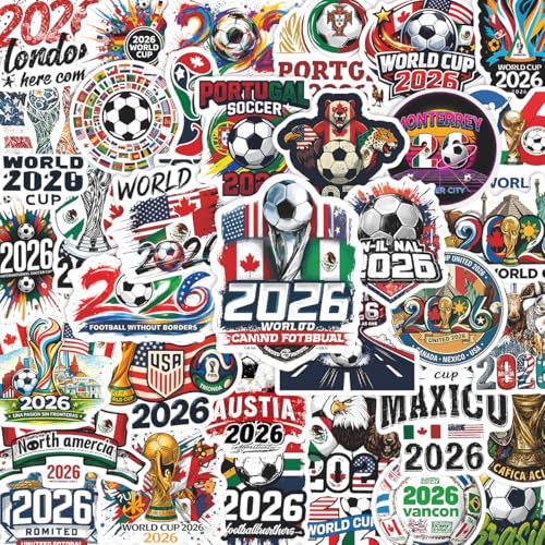 World Cup Football Soccer Stickers Soccer Water Bottle Stickers,Soccer Party Sport Stickers Vinyl Waterproof Laptop Sticker,Graffiti Decals Gifts for Helmets Scrapbook Kids Teens Adults 50Pcs