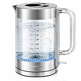OVENTE Electric Kettle, 1.7L Double Wall Glass Tea Kettle with Stainless Steel Base, Acrylic Handle, 1500W Cordless Fast Boil Borosilicate Water Boiler, Easy Fill Lid & Auto Shut-Off, Silver KG912S