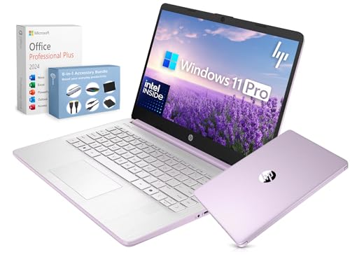 HP 14” Ultra Light Thin Laptop Computer 2026 Premium, MS Office, Copilot AI, 4-Core Intel CPU, 4GB DDR5 RAM, 628GB Storage (128GB UFS+500GB Ext), Long Battery, MarxsolAccessory, Win 11 Pro, Lavender