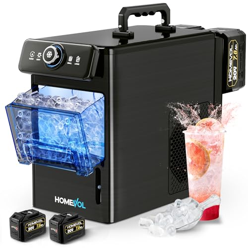 Cordless Portable Ice Maker, 2*20V 7.8Ah Rechargeable Battery Powered Countertop Ice Machine with scoop, 6 Cubes in 6-8 Mins, 2 Ice Sizes, Auto Self-Cleaning, for Home, Kitchen, Camping, RV & Outdoor