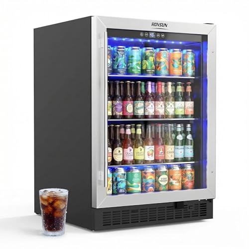 ROVSUN 24 Inch Beverage Refrigerator, 5.8 Cu.Ft. Under Counter Beverage Fridge with Glass Door and Touch Temperature Control for Soda, Beer, Built-in or Freestanding Cooler for Kitchen, Bar, Office